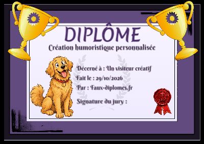 Diplôme aux teintes violettes, avec un cadre au style urbain et une illustration « Léouaf, le chien de Léo »