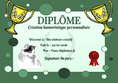Diplôme aux teintes vertes, avec un cadre à bulles à large bordure et une illustration « Un dessin de chat »
