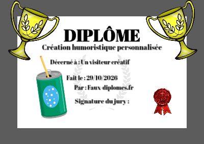 Diplôme sur fond blanc, avec un cadre gris épais et une illustration « Boisson en canette »