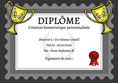 Diplôme sur fond blanc, avec un cadre gris ondulé et un trophée