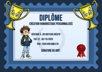 Diplôme aux teintes bleues, avec un cadre ondulé et une illustration « Garçon écolier »