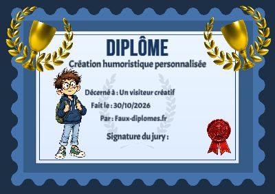 Diplôme aux teintes bleues, avec un cadre ondulé et une illustration « Garçon écolier »