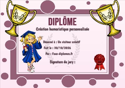 Diplôme aux teintes roses, avec un cadre à bulles et une illustration « Léonie enfant, diplômée »