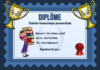 Diplôme aux teintes bleues, avec un cadre ondulé et une illustration « Enfant portant un tas de livres »